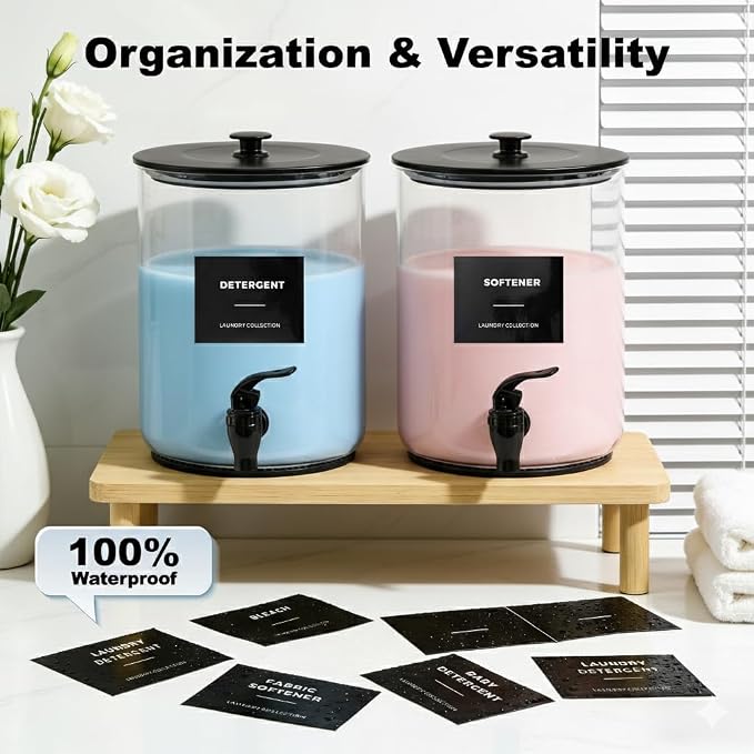 Glass Laundry Detergent Dispenser for Laundry Room Organization-2 Black | 1 Gallon Large Liquid Soap Dispenser with Black Metal Lid & Leak-Proof Spigot, 2 Measured Cups, 2 Silicone Mats & 9 Labels