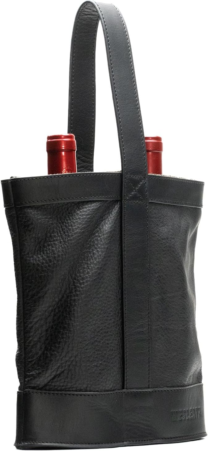 Double Wine Carrier Bag – Leather Wine Tote for Two Bottles with Handle – Protective Carrier for Picnic, Wine Champagne Gift Bag (Black)