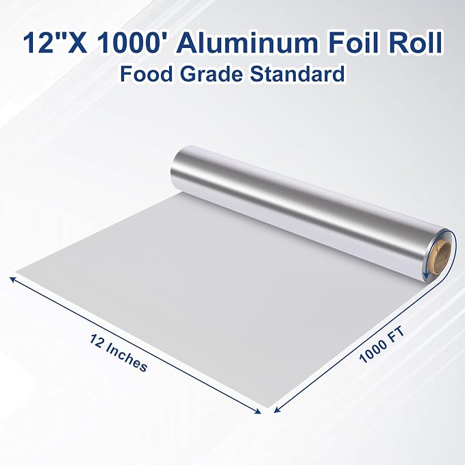 Aluminum Foil Standard 12 inch Wide, 1000 FT Food Safe Foil Wrap for Cooking, Baking, Grilling, Food Service Pony Packaging Aluminum Foil Roll (12"x1000', Standard-6 Count)