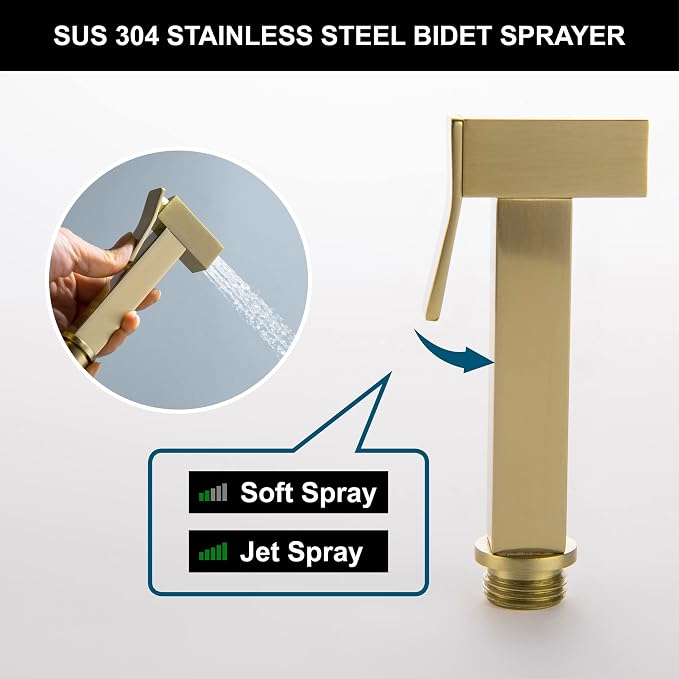 SHAMANDA Warm Water Bidet Sprayer for Toilet with Hot and Cold Brass Rough-in Valve, Stainless Steel Handheld Bidet Attachment Set for Feminine, Pets and Baby Diaper Wash, Brushed Gold, BDS08-3