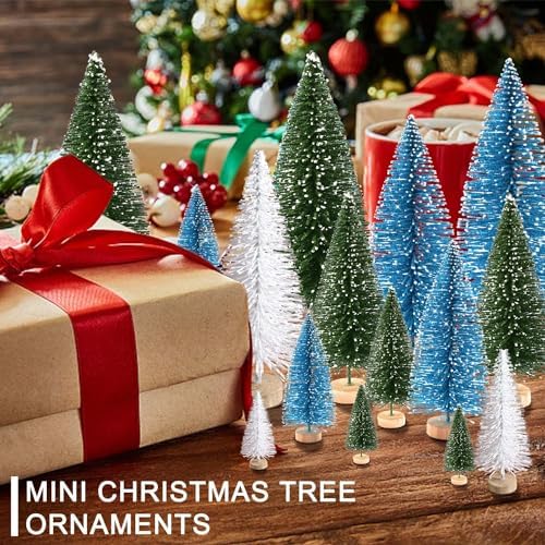 30Pcs Mini Christmas Trees Artificial Christmas Tree Bottle Brush Trees with Wooden Base for Christmas Decor Christmas Party Home Table Craft Decorations(Green+Blue+White)