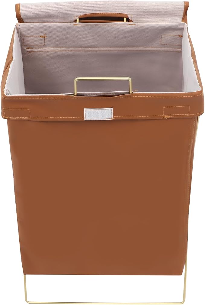 X-Frame Laundry Basket with Lid, Foldable Laundry Hamper, Gold Metal Collapsible Bag Sorter Organizer, Luxury Folding Dirty Clothes Washing Bin (Gold Frame+ Brown Bag)