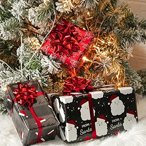 WRAPAHOLIC Christmas Wrapping Paper Set - Black Red Santa and Snowflake Holiday Collection with Metallic Foil Shine Wrapping Paper Bundle with Gift Bow & Ribbon & Tag & Sticker
