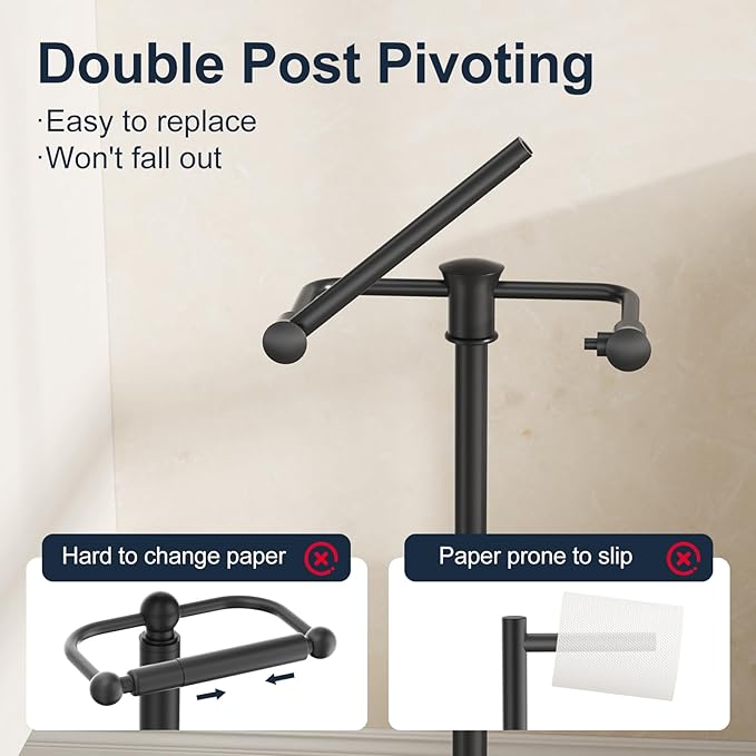Bathroom Toilet Paper Holder Stand, Matte Black Toilet Paper Holder Free Standing, Stainless Steel Pivoting Toilet Tissue Roll Holder，Adjustable Height (14 to 24 Inch) Paper Holder