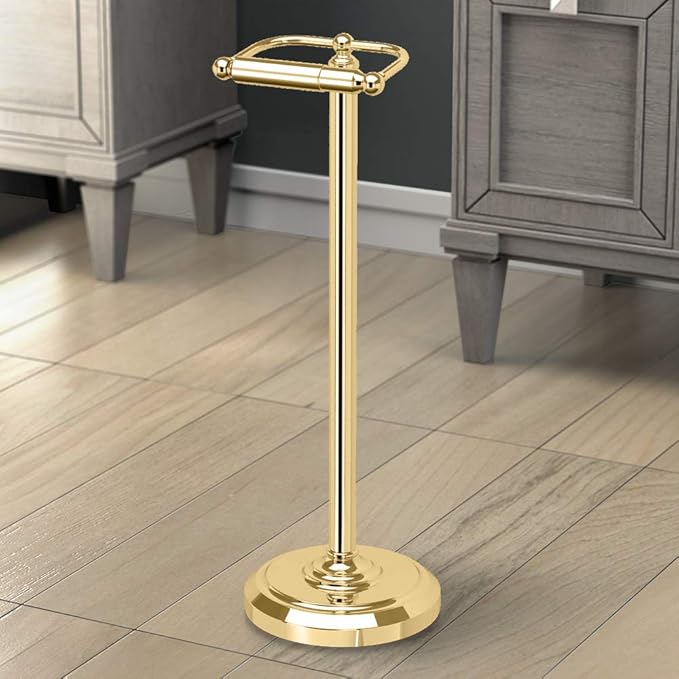 Home Accents Toilet Paper Holder Stand, Brass Finish, Freestanding Bathroom Floor Stand, Weighted Base, 22 Inch