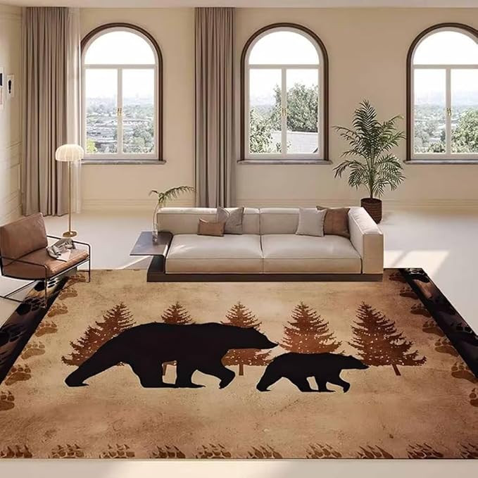 Multicolor Woodland Forest Animal Area Rug for Hallway Non-Slip Luxury Rustic Lodge Cabin Bear Area Rugs Couch Decor Low Pile Abstract Bear Footprints Carpet Farm Mat 2'x3'