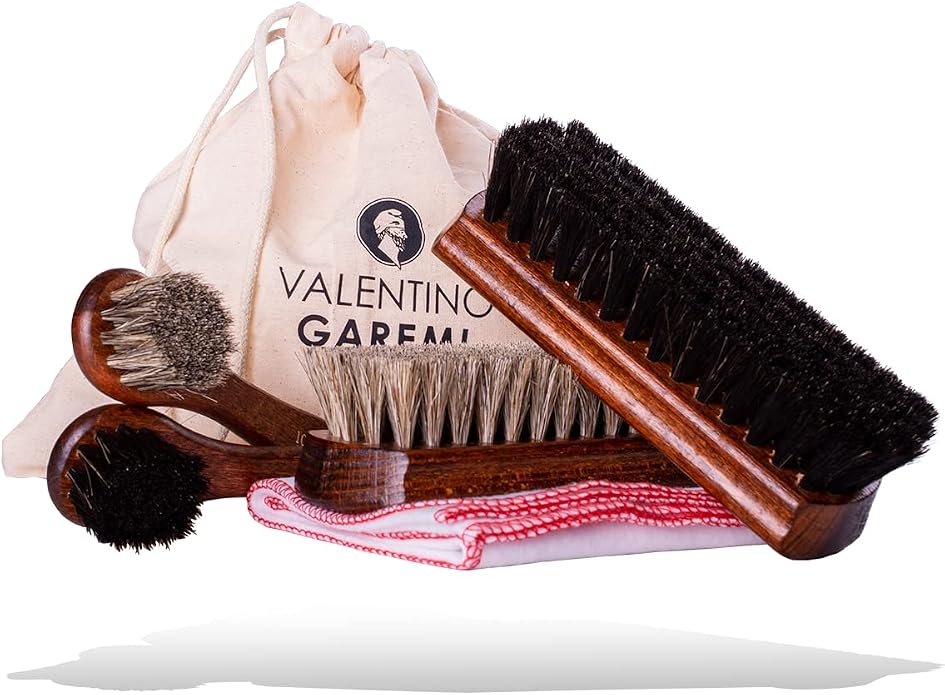 Shoe Care Kit – 6 Piece Set with Horsehair Brushes, Applicators & Cotton Cloth – Leather Shoe Cleaning & Polishing Kit – Made in Germany