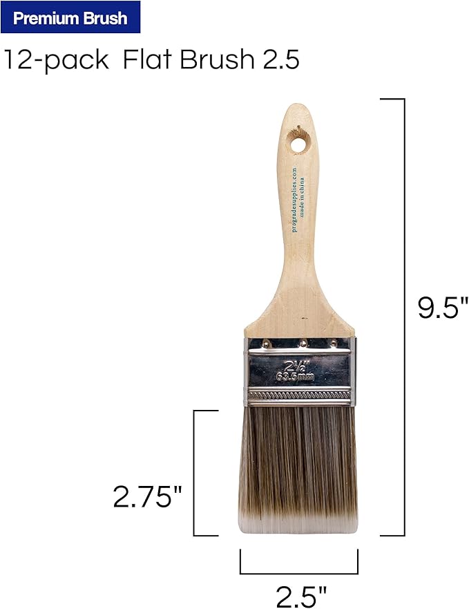 12PK 2.5 inch Flat Brush Premium Wall/Trim House Paint Brush Set Great for Professional Painter and Home Owners Painting Brushes for Cabinet Decks Fences Interior Exterior & Commercial Paintbrush.