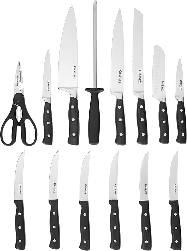 CUISINART Block Knife Set, 15pc Cutlery Knife Set with Steel Blades for Precise Cutting, Lightweight, Stainless Steel, Durable & Dishwasher Safe, C77TR-15P