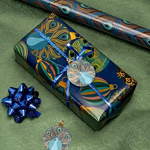 WRAPAHOLIC 30 Inch Peacock Christmas Wrapping Paper Roll - Jumbo Roll Green Peacock Elements Patterns with Metallic Foil Shine - 4 Rolls - 30 Inch x 120 Inch Per Roll