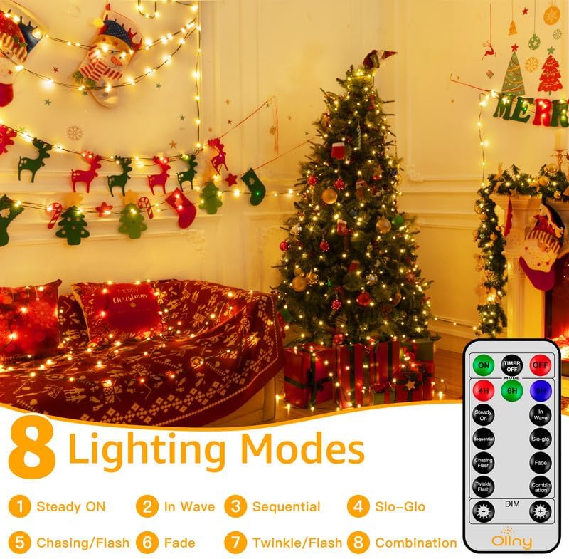 Ollny 198FT 600LED Outdoor Christmas Lights with Remote, 8 Modes Warm White