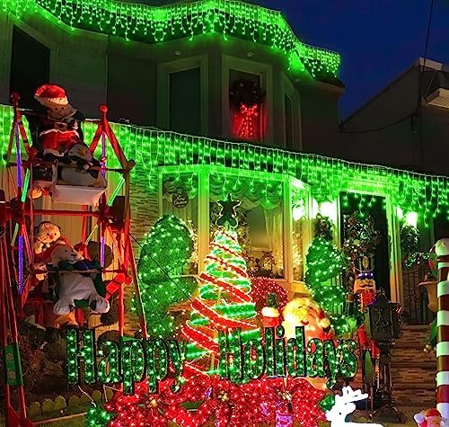 Green Christmas Lights Outdoor, 33ft 400 LED Icicle Lights for Outside House with Connectable Clear Wire 8 Modes Timer, Plug in Waterproof for Home Holiday Eaves Yard Party Room Indoor Decoration