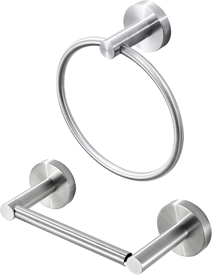 Brushed Nickel Toilet Paper Holder Towel Ring, Hand Towel Holder and Toilet Roll Holder Double Post Pivoting Bathroom Accessories Wall Mounted Bathroom Hardware Set Stainless Steel, 2 Pieces