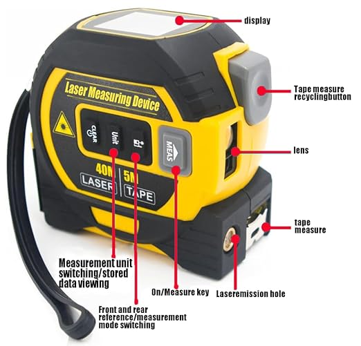 Tape Measure 3-in-1 Laser Digital Measuring Tape Ruler-LCD Backlight 5M/16Ft Tape & Laser 40m/131Ft Rangefinder,Crosshairs Markings,Data Storage,Durable ABS Case/Yellow 1Pack