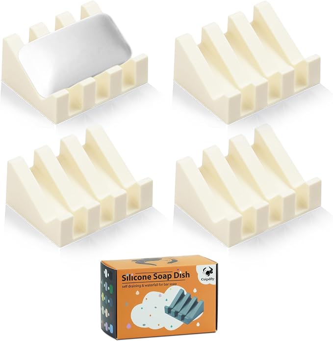 Self Draining Soap Dish Holder,Silicone Soap Dish,for Bathroom,Kitchen, Sponges，Can Extend Soap Life，Keep Soap Bars Dry and Easy Cleaning (N-Cream White,4-Pack)