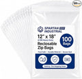 Spartan Industrial - 12" X 18" Heavy-Duty Plastic Zip Bags (100 Count) - 4 Mil Clear Resealable Plastic Bags for Clothes and Storage