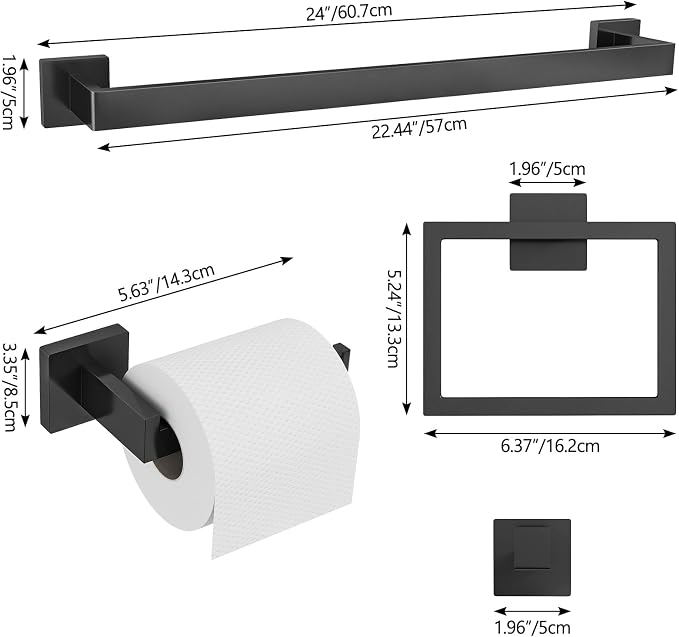 FEILERN 20-Piece Matte Black Bathroom Hardware Set, 24 Inch Bath Towel Bar Set, Stainless Steel Wall Mounted Towel Rack for Bathroom