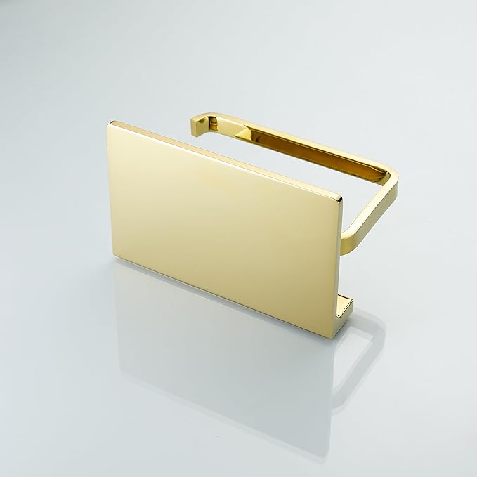 Toilet Roll Paper Holder Bathroom Solid Brass and Superior Hotel Style Wall Mount Tissue Roll Holder with Phone Shelf Bright Gold Finished