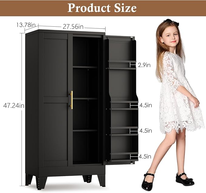 GAIOUS Metal Kitchen Pantry Cabinet, Food Storage Cabinets Black Cupboard | Storage Cabinet with 2 Door and 3 Adjustable Shelves, Freestanding Steel Sideboard, with Door Shelf, for Kitchen Dinning Room