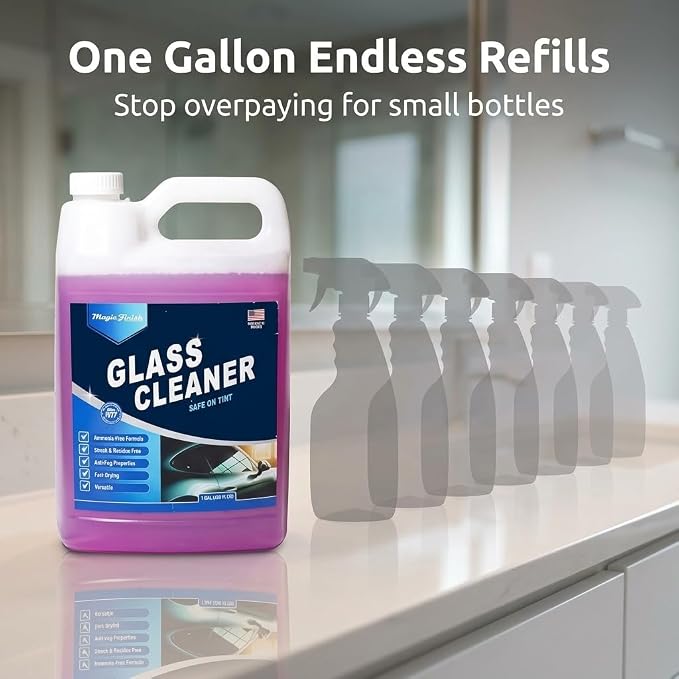 Magic Finish Car Glass Cleaner (1 Gallon) – Ammonia-Free Window Cleaner Spray for Interior & Exterior Auto Glass – Anti-Fog, Streak-Free Car Cleaning Supplies for Tint, Mirrors & Screens