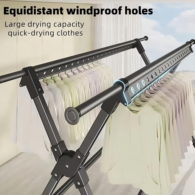Telescopic Folding Floor Clothes Drying Rack, Thickened Steel Pipe, Household Balcony & Outdoor Clothes Hanging Rod with Drying Net (Medium Non-Stretchable)