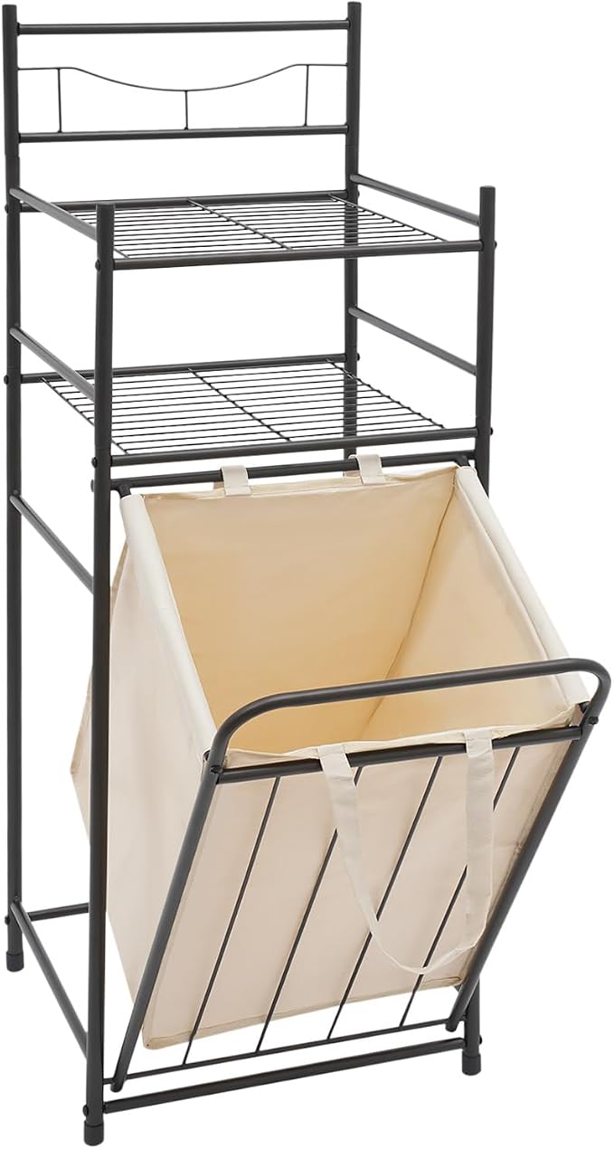 Laundry Hamper with Storage Shelf Vertical Laundry Basket with Pull-Out and Removable Bag Metal Hamper with 2 Storage Shelves for Bathroom Bedroom Dorm