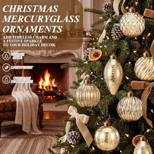 Syhood 18 Pcs Champagne Gold Christmas Mercury Glass Balls Ornaments