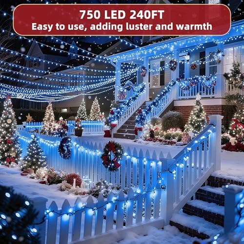 240FT Christmas Lights Outdoor, 750 LED Christmas Tree Decoration Lights with 12 Modes & Timer Memory, Dimmable Plug in Waterproof LED Xmas Light for Yard Trees Wedding Party Holiday Blue