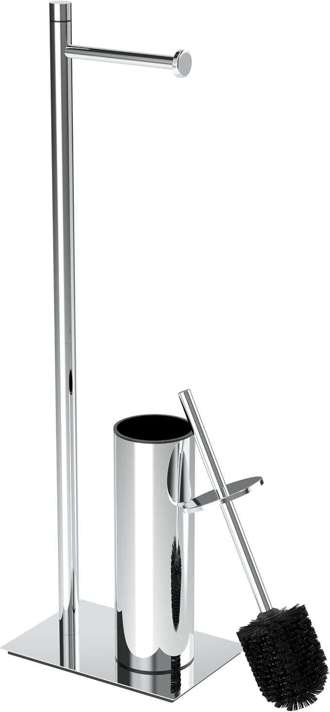 RUACQ Toilet Paper Holder Stand with Toilet Brush and Holder Set, 304 Stainless Steel Bathroom Toilet Tissue Paper Roll Holder Free Standing, Weighted Base, Heavy Duty (Chrome)