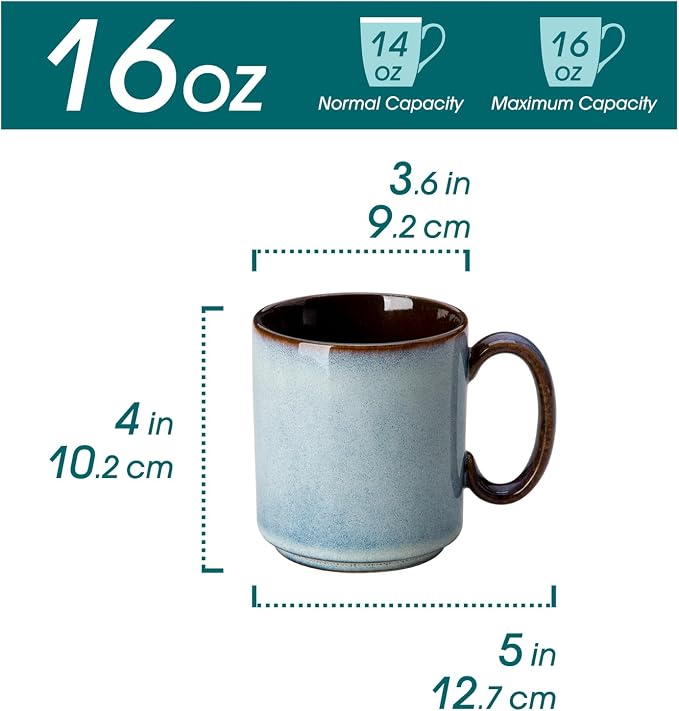 vancasso ONION Ceramic Coffee Mugs Set of 6, 16 Oz Coffee Cups for Latte, Cappuccino, Tea & Hot Cocoa, Artisan Modern Style for Coffee Bar, Home & Kitchen, Microwave & Dishwasher Safe, Light Blue Gray