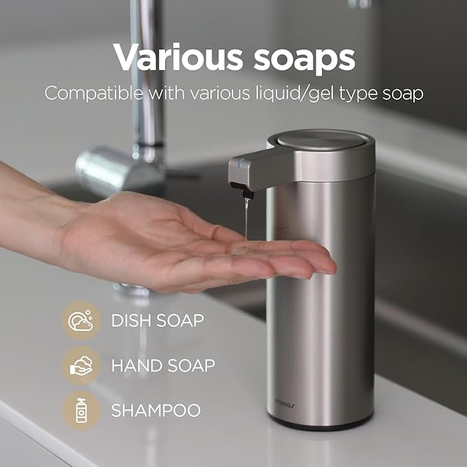 mooas Automatic Liquid Soap Dispenser Stainless Steel, Rechargeable | 2-Level Adjustable, IPX5 Waterproof, USB-C Charging, 17oz Capacity, Liquid Soap, Automatic Cleaning, Kitchen, Bathroom