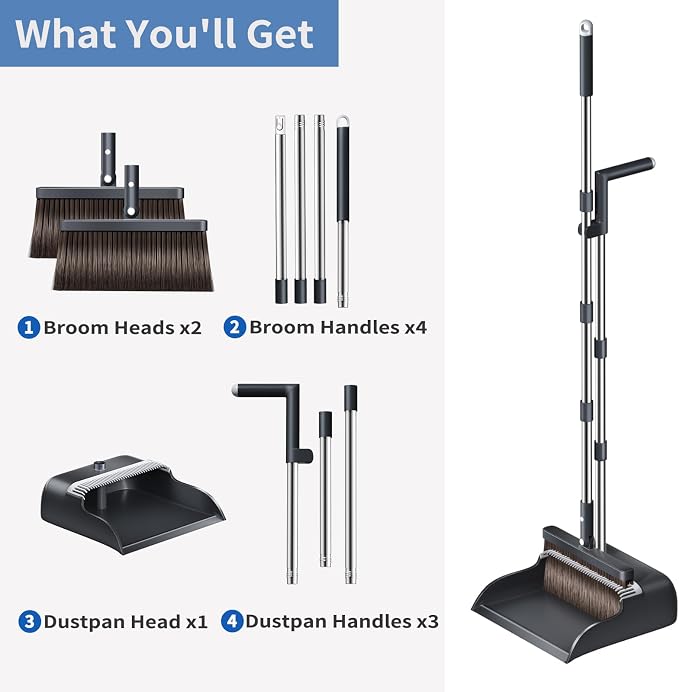 Broom with Dustpan Combo Set, Broom and Dustpan Set with 51.6" Long Handle & Two Broom Heads, Brooms with Dust Pan Teeth for Pet Hair, Indoor&Outdoor Sweeping, Home, Kitchen, Office