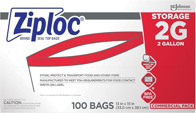 SC Johnson Professional Ziploc Brand Food Storage 2 Gallon Bags, Food Storage Ziploc Brand Bags, Commercial Pack, 100 Count Box, for Professional Use Only