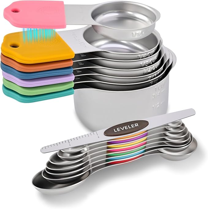 EDELIN Magnetic Measuring Cups and Spoons Set, Stainless Steel 7 cup and 7 spoon with 1 Leveler, 18/8 304 stainless steel (Multicolour 15 sets)
