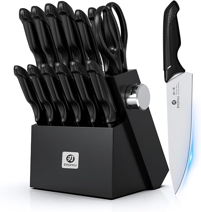 imarku 14-Piece Japanese High-Carbon Stainless Steel Knife Set，Black | Kitchen Knife Set with Block|15°Precision Edge | 56±2 HRC Hardness | Built-in Sharpener|Ergonomic Handles|Gifts Mom & Dad