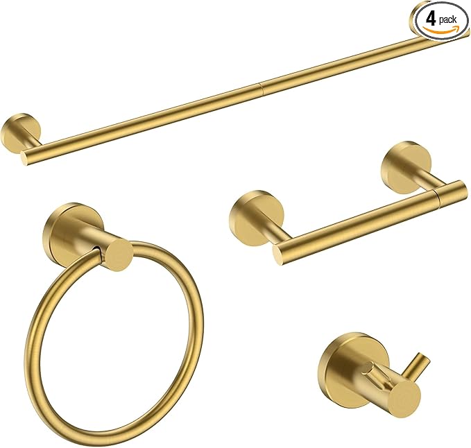 FORIOUS Bathroom Hardware Accessories Set, SUS304 Stainless Steel Towel Bar Set, Modern Towel Racks Holder for Bathroom, Toilet Paper Holder Wall Mounted 4 Pieces(18" Bar, Brushed Gold)