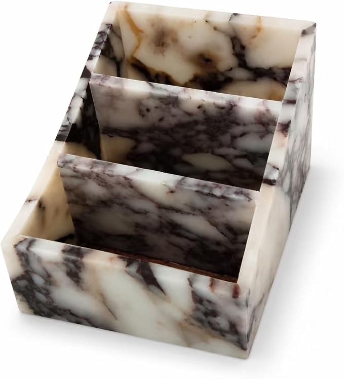 Luxury 3-Compartment Natural Marble Desk Organizer - Solid Stone Pen Holder, Makeup Brush Holder & Vanity Countertop Storage Box for Office Supplies, Bathroom Essentials, Home Decor