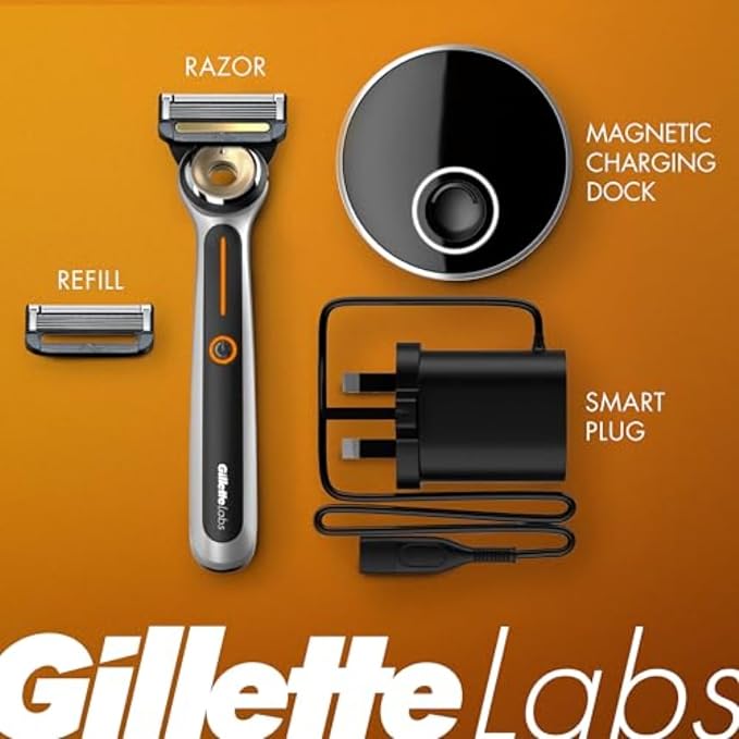 Gillette Heated Razor for Men, Deluxe Travel Shave Kit by GilletteLabs, 1 Handle, 2 Blade Refills, Charging Dock, Case