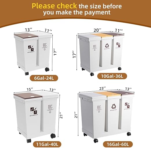 20L x 3 Compartment Trash Can with Wheels, 16 Gallon Recycling Bin and Rolling Garbage Can for Kitchen, Mobile Waste Separation System with Press-Open Lids & Detachable Containers for Home & Office