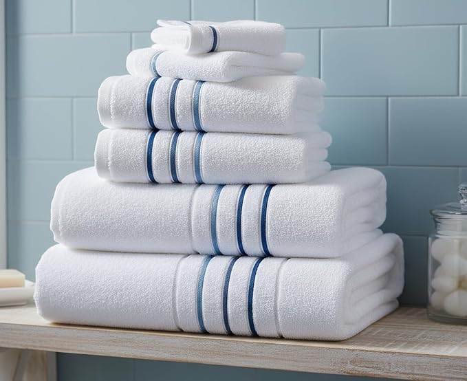 Bath Towels Set for Bathroom – Luxury 6-Piece Cotton Towels, Soft Absorbent & Quick Dry, 600 GSM Bath Towels for Bathroom, Hotel Spa Quality (White/Blue Azure, 6- Bath Towel Set)