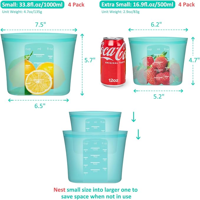 Reusable Sandwich & Snack Bags, 8 Pack 100% Silicone Food Storage Bags Stand Up Zip Lock for Food Container, Freezer Microwave Oven Dishwasher Safe, 4 Small 4 Extra Small, Aqua