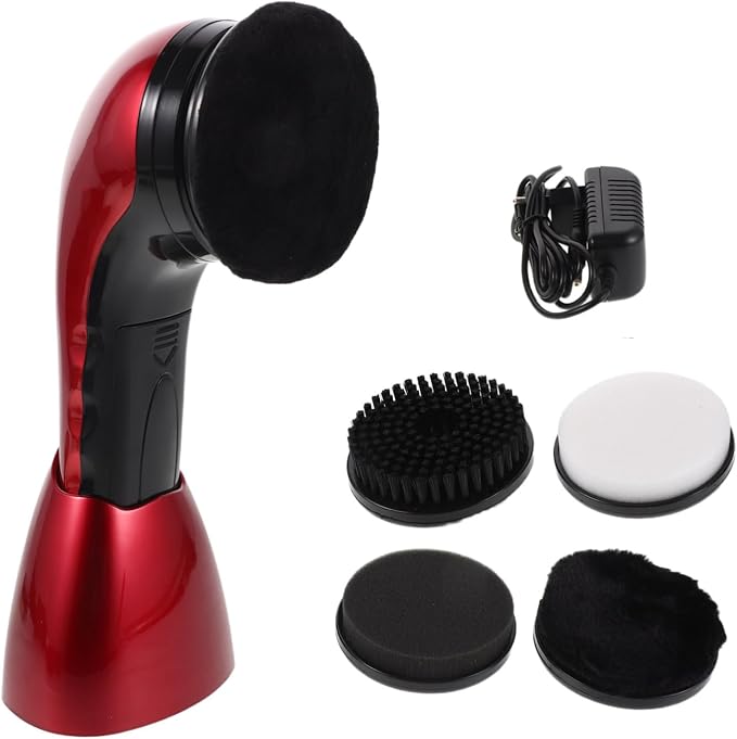 Electric Shoe Polishing Brush Kit with Replacement Brush Head | 710 Red Dual Power, Fiber Sponge Plastic Build, Office and Home Use, Portable Design with Interchangeable Heads