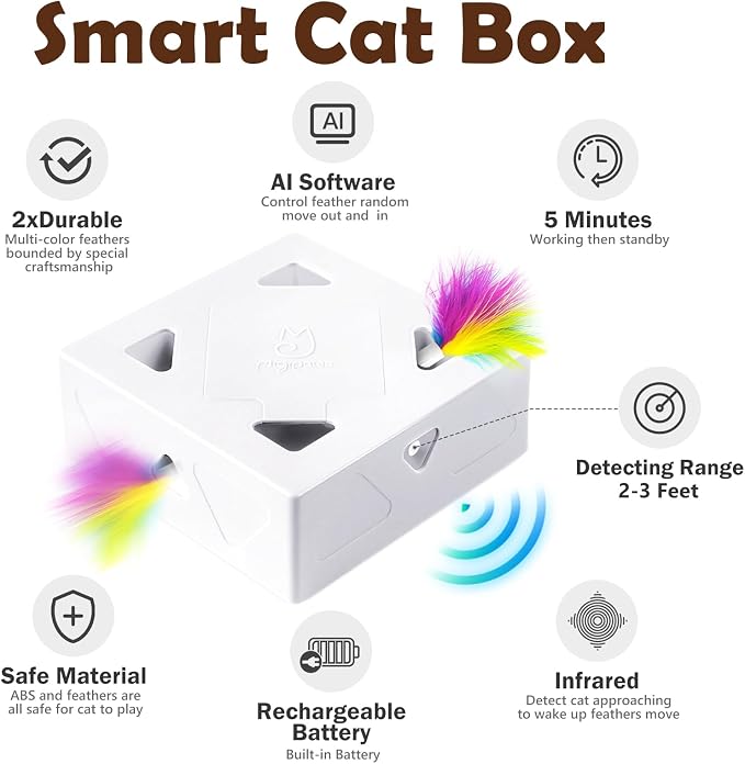 Migipaws Interactive Cat Toy -Migibox Without Popskin, Puzzle Toy for Indoor Bored Cats, Automatic Pop Out Feathers from 7 Holes Randomly, Motion Activated, USB Rechargeable