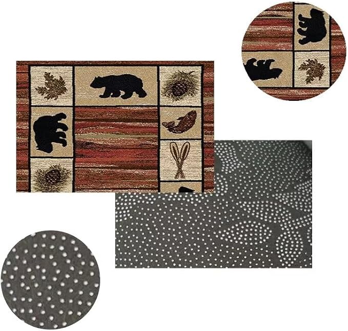 Vintage Cabin Bear Area Rug for Entrance Kitchen Luxury Red Plaid Fish Plants Pattern Rugs Non-Slip Rustic Lodge Floor Mat 3'x5'