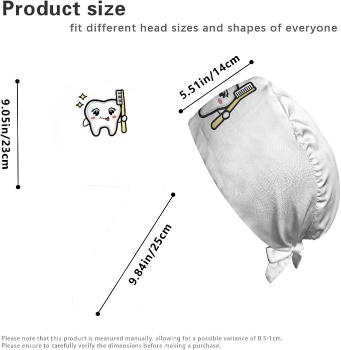 Gomyblomy Women's Scrubs Suit 3-Piece Set | Teeth Print V-Neck Top & Pants & Cap, Breathable and Stretch Fabric, S-5XL