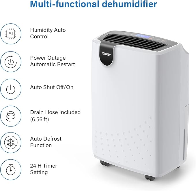 Yaufey 2500 Sq. Ft. Dehumidifier for Home and Basements with Auto or Manual Drainage, 0.48 Gallon Water Tank, Low Noise and 24H Timer