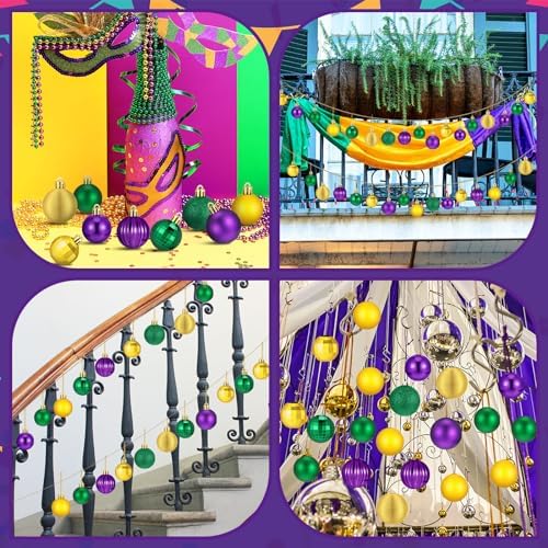 Lunmon 64 Pcs Mardi Gras Christmas Ornaments Purple Yellow Green Xmas Bulbs