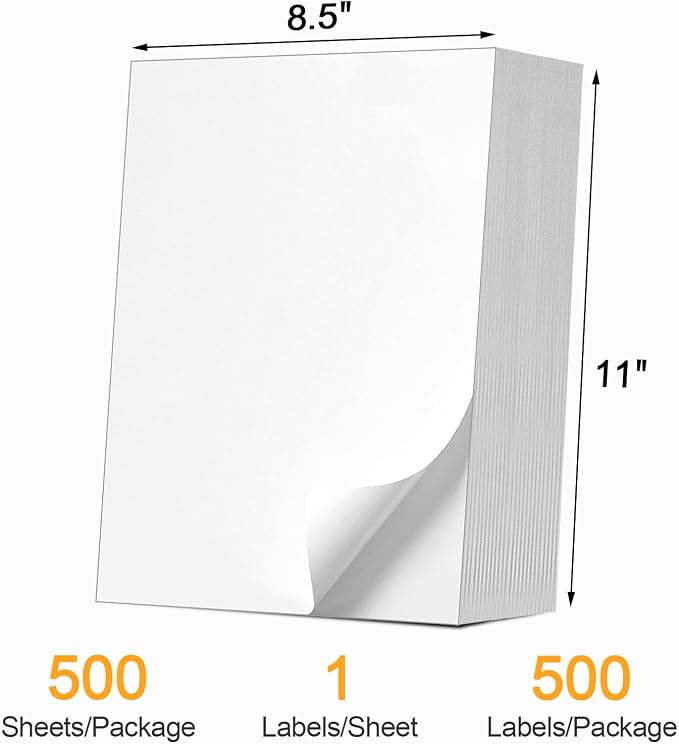 (500 Pcs/500 Sheets) A4 Full Sheet Self Adhesive Shipping Labels for Laser & Inkjet Printers, 8.5" x 11" Shipping Mailing Labels