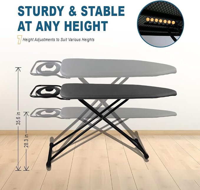 Ironing Board Full Size, Heat Resistant Cover Iron Board with Steam Rest, Ultra Thick Padding, Height Adjustable Heavy Sturdy Metal Frame Legs Ironing Stand,Non-Slip Foldable (54"x13", Round Rest)