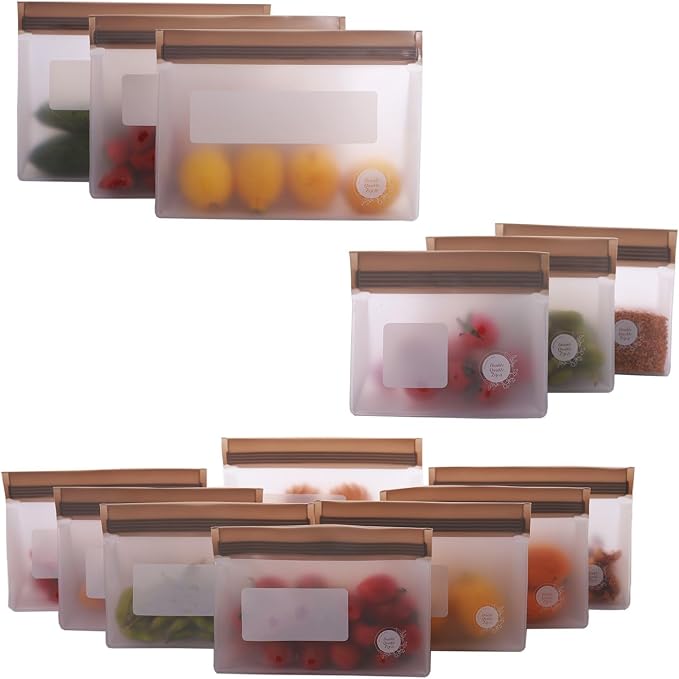 Reusable Food Storage Bags – 14-Pack Stand-Up, BPA-Free, Freezer, Dishwasher Safe & Eco-Friendly – 3 L, 8 M, 3 S Bags – Airtight Leakproof, Sandwich, Snack, and Meal Prep Baggies (Grey)